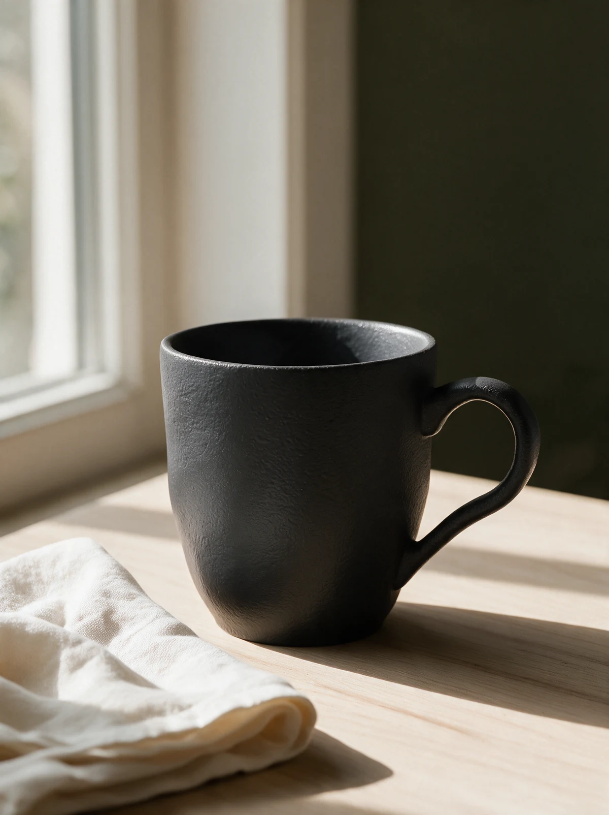 Caneca preta sobre mesa clara junto à janela, com linho cru e luz lateral suave.